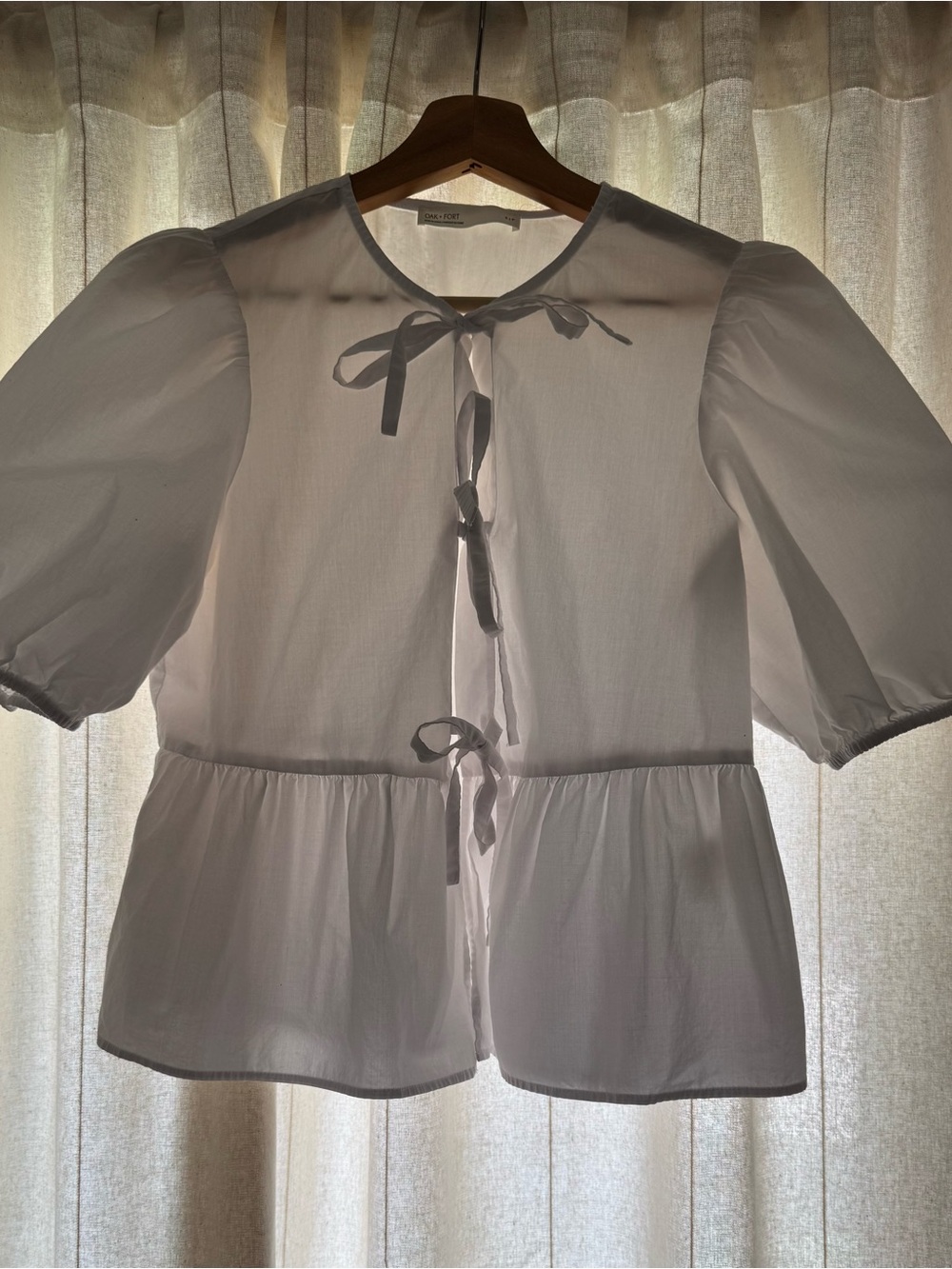 OAK + FORT White Tie-Front Peplum Blouse with Puff Sleeves